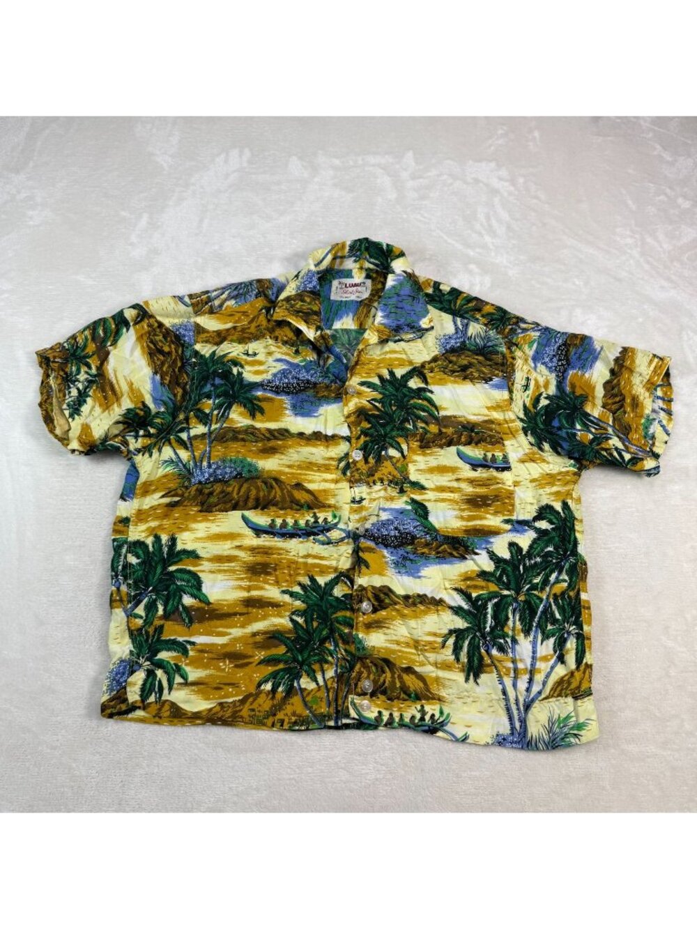 Vintage 50s RARE Luau Shirt-Jac Hawaiian Shirt Yellow Tropical Canoe Beach 15
